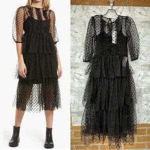 Amy Lynn Dover Tiered Mesh Dress in black with a polka dress size Small